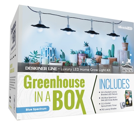 Miracle Led 4-Socket Greenhouse in a Box Grow Light Kit Blue Spec 9W Replace 150W Bulb, Blk Shades, Timer, 4PK 802414